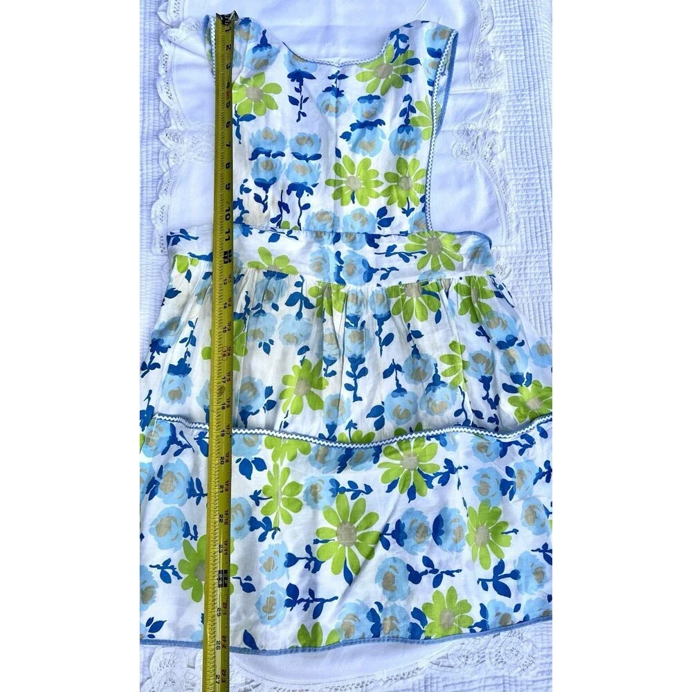 1960s Vintage Floral Cotton Apron Blue Green Daisy Bib Pocket Retro Kitchen